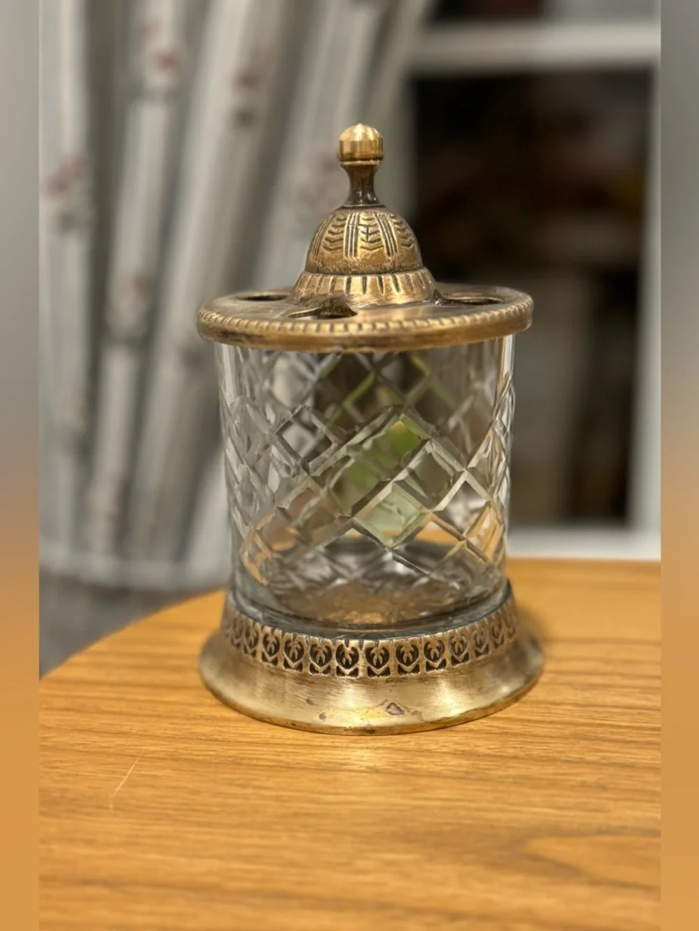 Antique Cut Crystal  Vanity  Toothbrush holder with Ornate Metal Lid